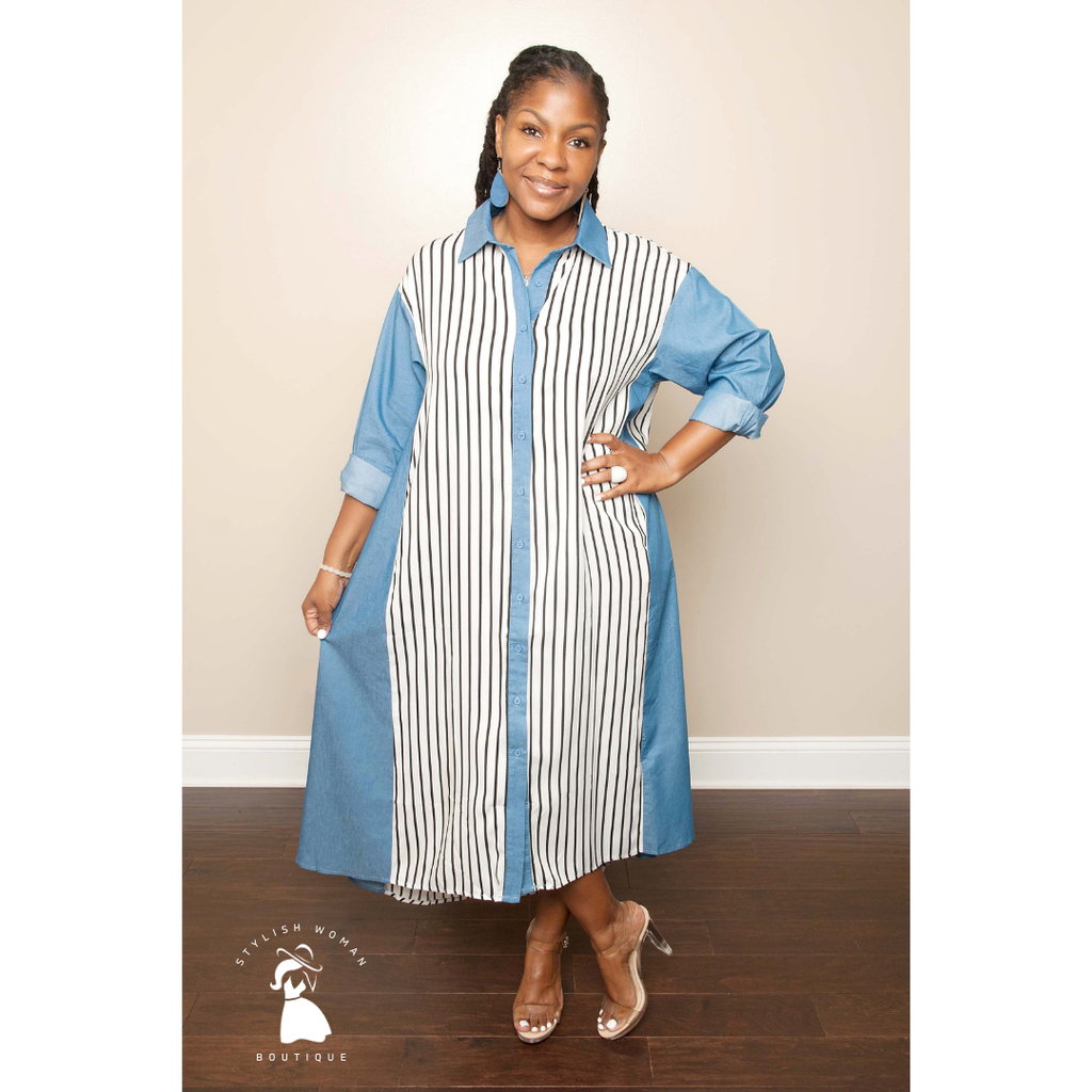 Chambray with Black and White Stripes Shirt Dress – The