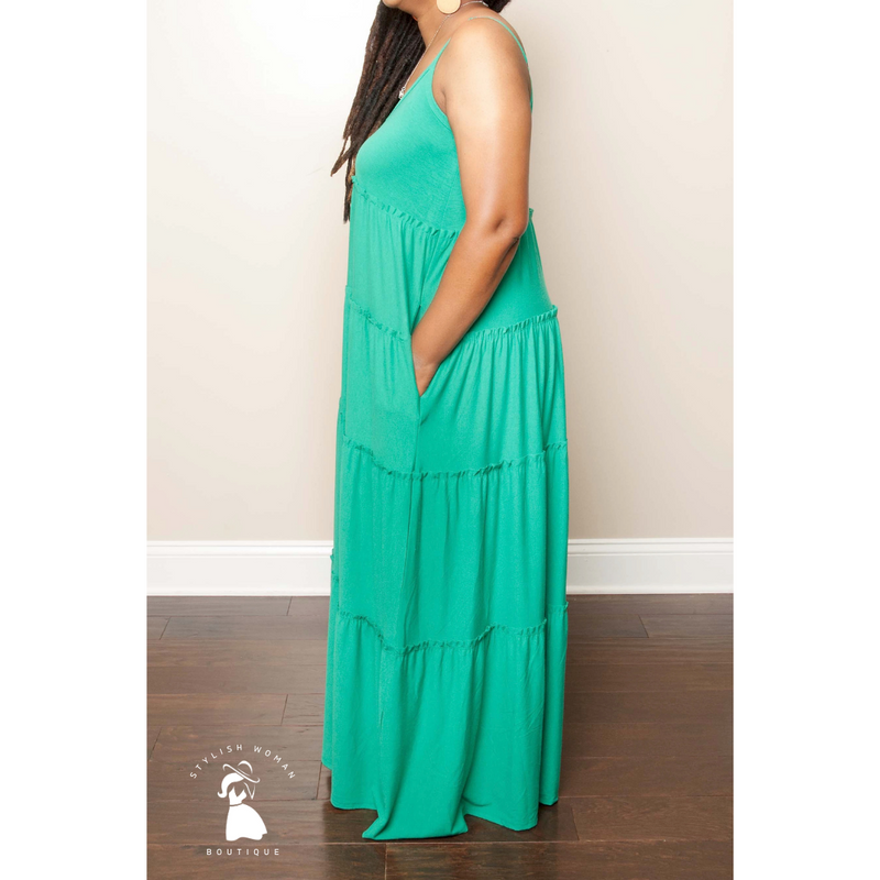 Kelly Green V Neck Tiered Cami Maxi Dress The Stylish Woman Boutique