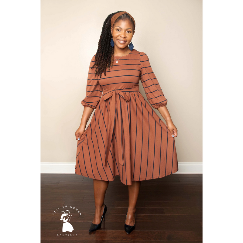 Chocolate and Navy Striped Midi Dress – The Stylish Woman Chocolate and Navy Striped Midi Dress – The Stylish Woman
