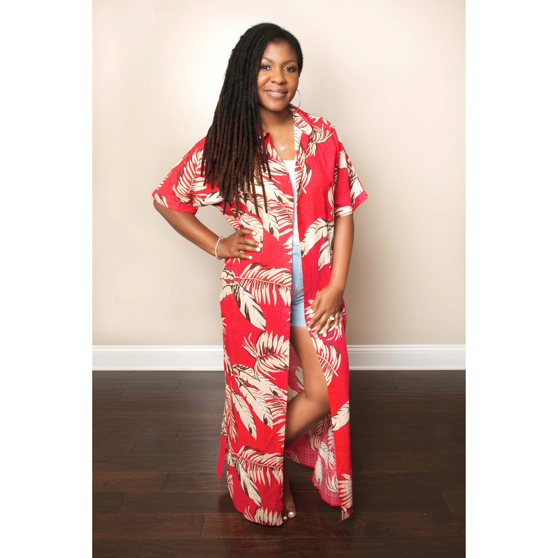 Red floral button down dress sales