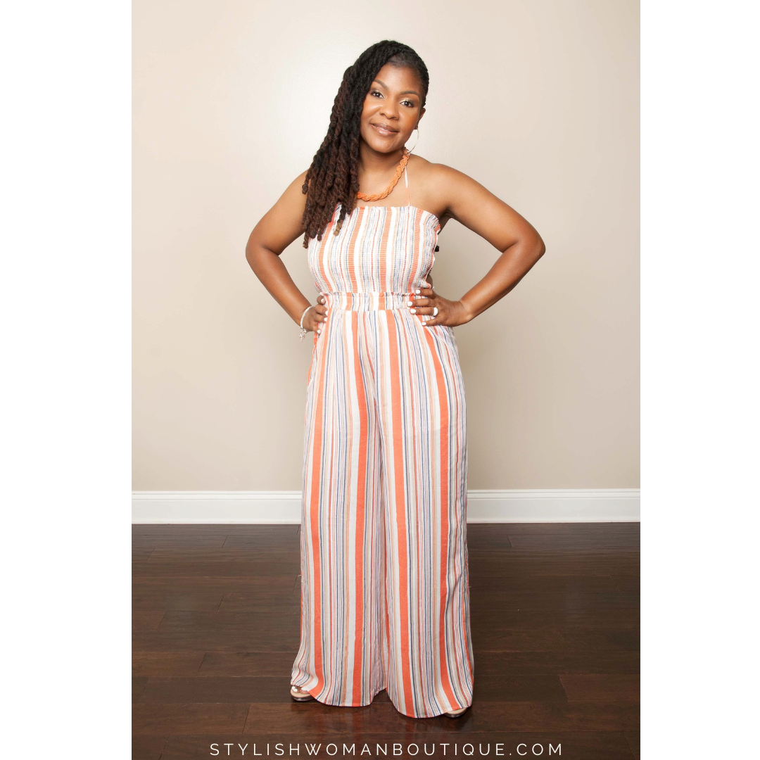 Multi Striped Orange and White Jumpsuit The Stylish Woman Boutique