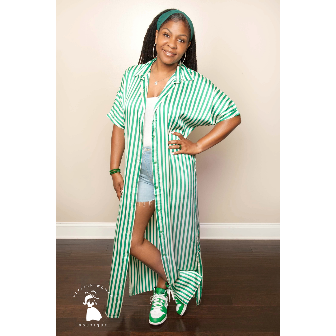 green and white shirt dress GREEN STRIPED SHIRT DRESS 38