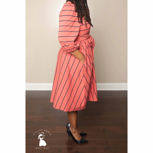 Rust and Navy Striped Midi Dress