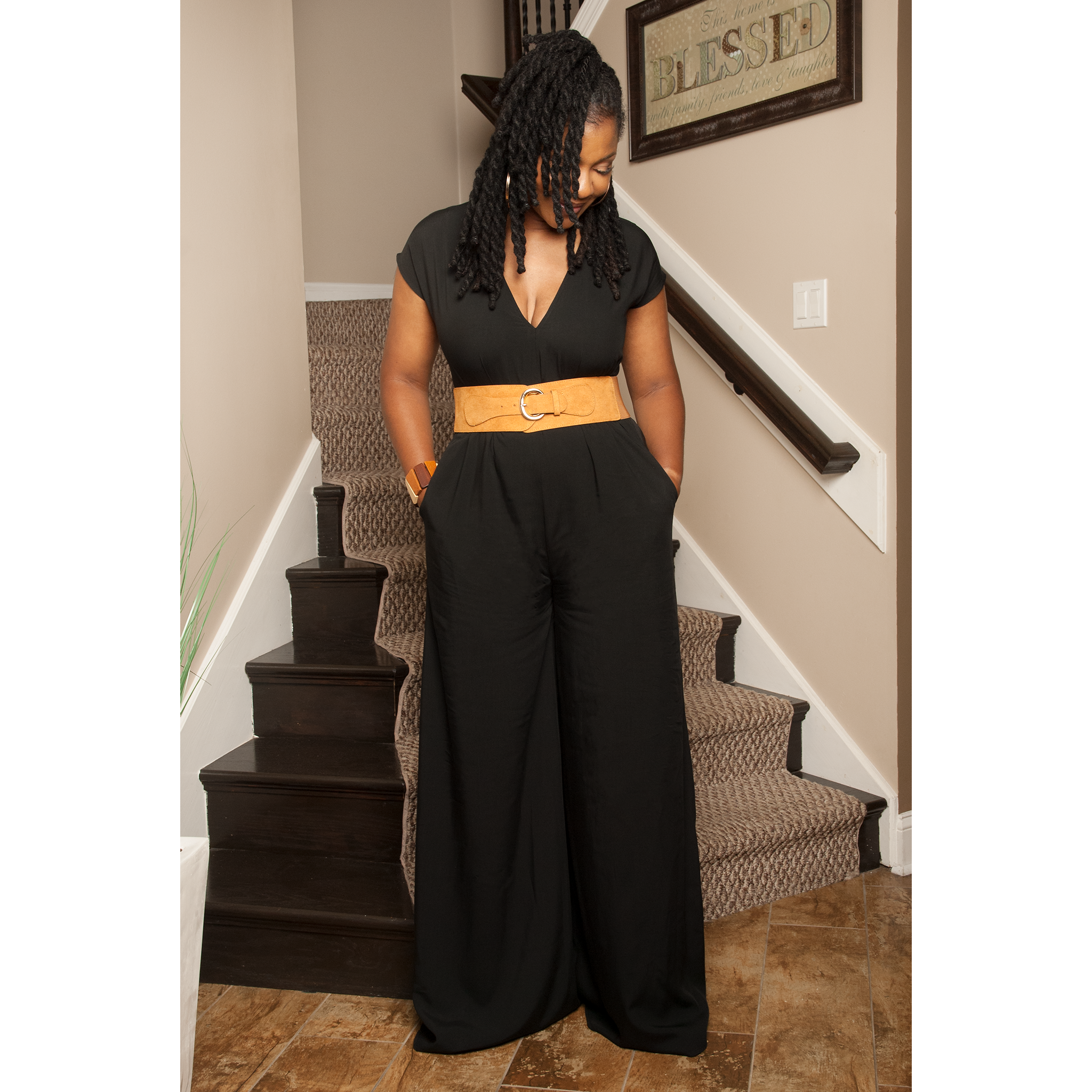 Black belted jumpsuit sales
