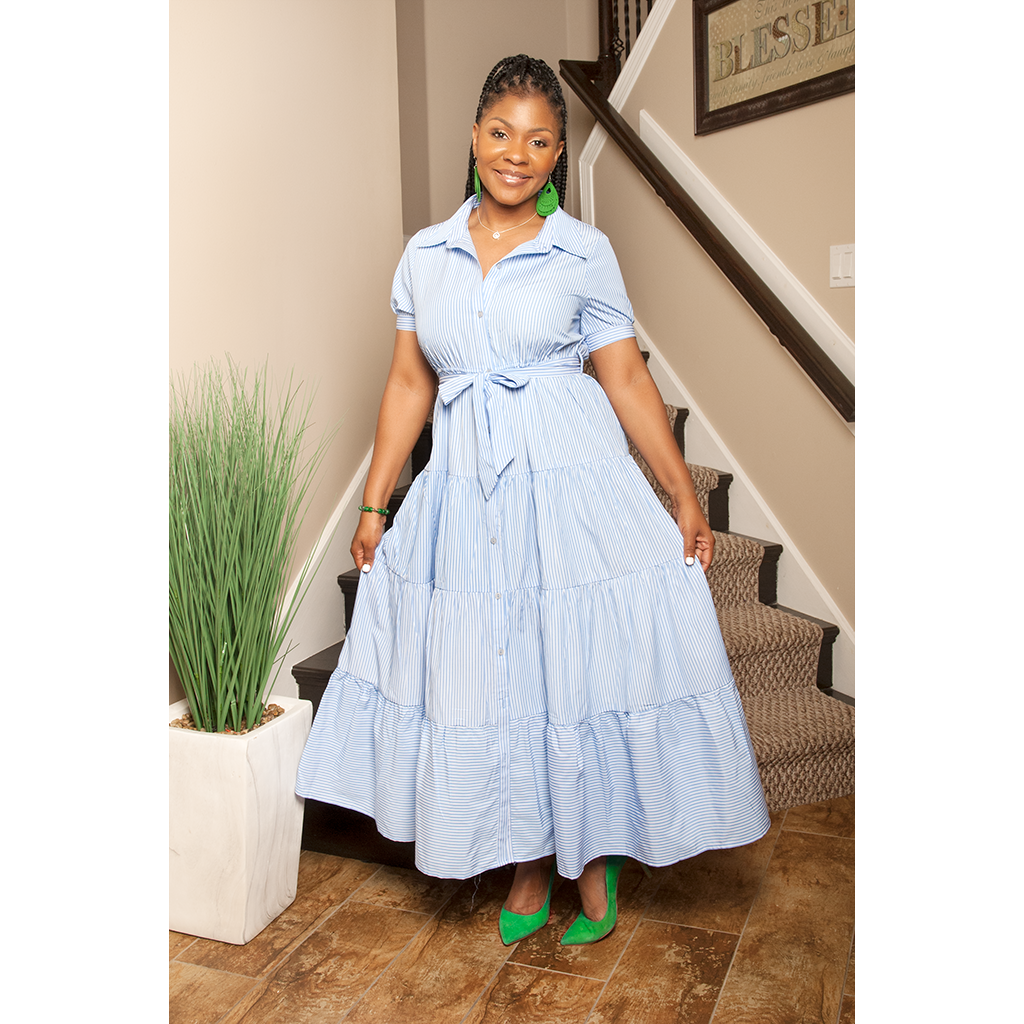 stylish lady dress Classy Lady Blue Striped Print Dress Large (Sizes 8-10)