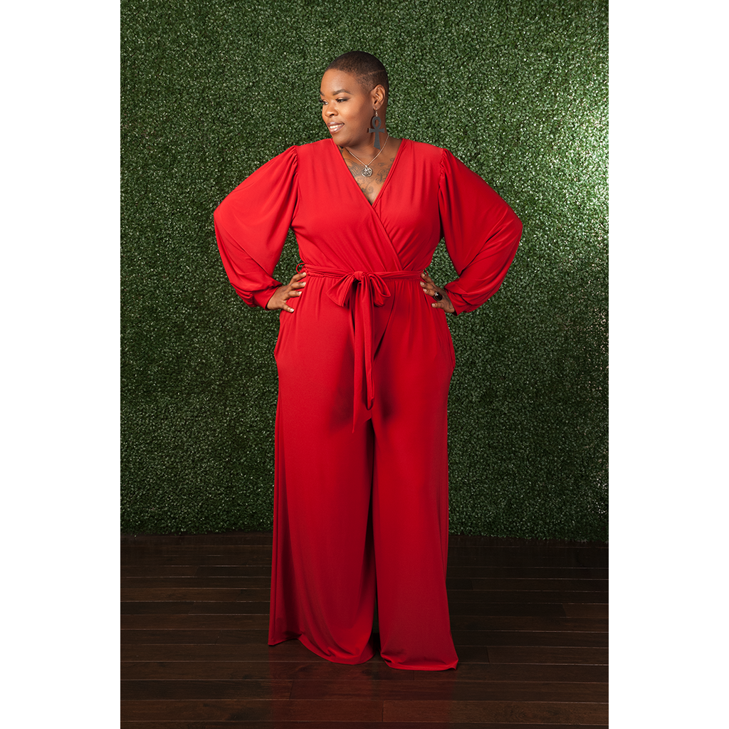 V neck red jumpsuit online